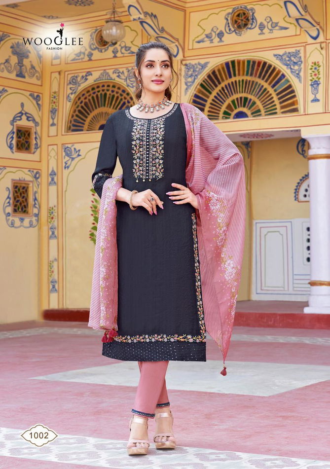 Saarika By Wooglee Viscose Weaving Embroidery Kurti With Bottom Dupatta Wholesale Shop In Surat